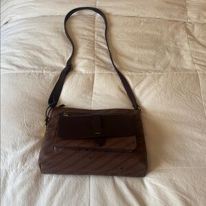 Fossil Brown Patterned Crossbody Bag with Dark Brown Trim